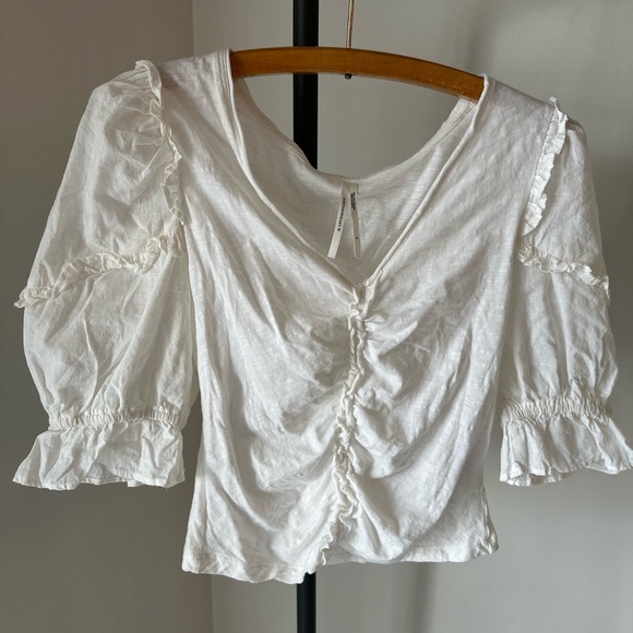 Anthropologie White Puff Sleeve Ruched Blouse - Picture 2 of 13